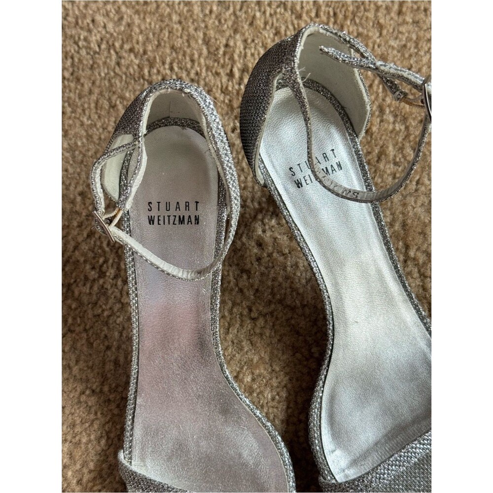 Stuart Weitzman Silver Mini Glitter Nudistsong Ankle Strap Heels 7.5 - Picture 3 of 9